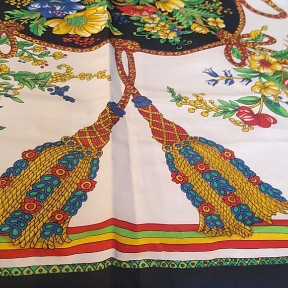 Vintage Art of the Scarf Polyester The Rack Italy Flowers & Tassels Black Border - Picture 5 of 9